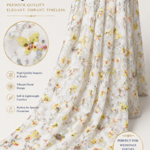 Floral Sequin Net Fabric – Yellow & Pink Bloom