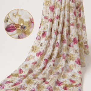 Floral Leaf Net Fabric – Gold Sequin & Bead Embellished
