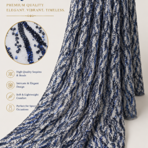 Luxury Sequin Lace Fabric – Navy Blue Wave Pattern
