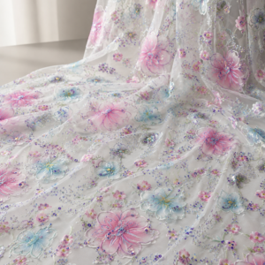 Printed Net Fabric – Pastel Pink & Blue Floral with Iridescent Bead & Sequin Scatter