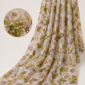 Floral Leaf Net Fabric – Gold Sequin & Bead Embellished Olive & Blush
