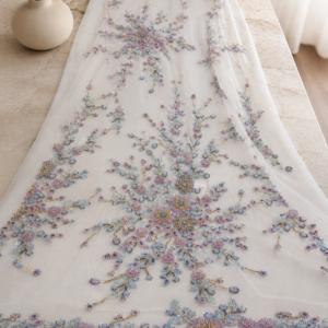 Bridal Net Fabric – Lavender & Blue Floral Bead Embroidered
