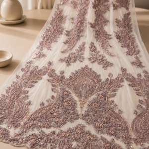 Bridal Net Fabric – Dusty Rose Paisley & Leaf Heavy Bead Embroidered