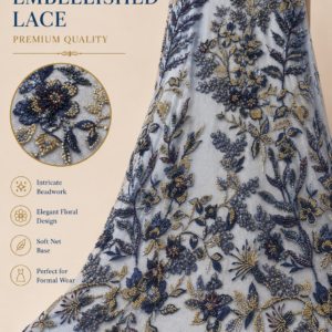 Luxury Embellished Lace Fabric – Navy Blue Floral Beadwork