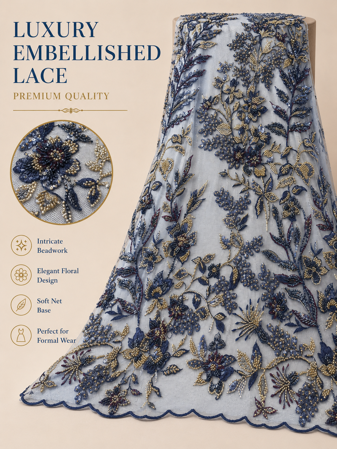 Luxury Embellished Lace Fabric – Navy Blue Floral Beadwork