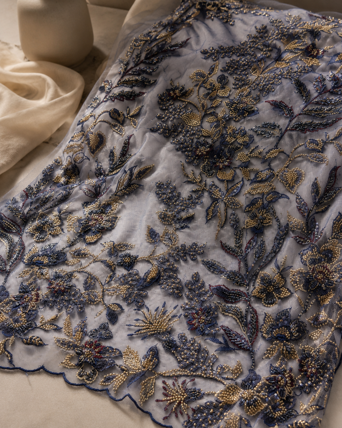 Luxury Embellished Lace Fabric – Navy Blue Floral Beadwork - Image 2