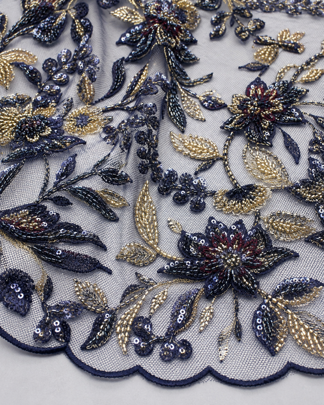 Luxury Embellished Lace Fabric – Navy Blue Floral Beadwork - Image 3