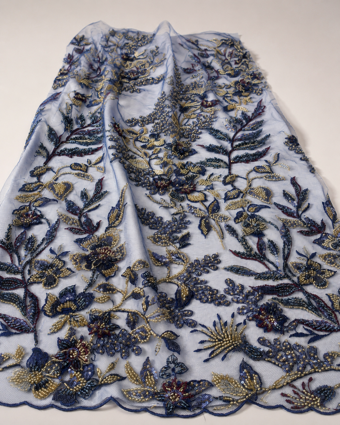 Luxury Embellished Lace Fabric – Navy Blue Floral Beadwork - Image 4