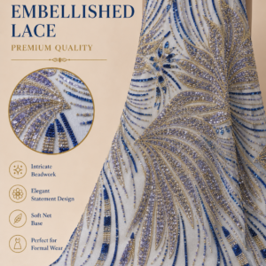 Luxury Embellished Lace Fabric – Blue & Gold Feather Leaf Beadwork