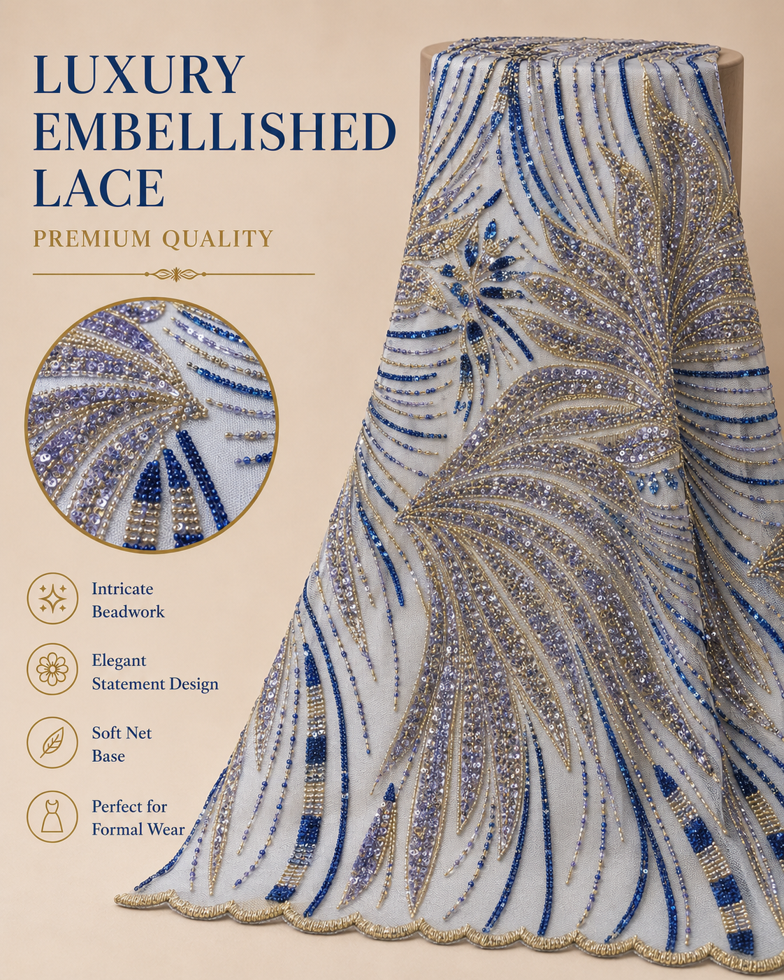 Luxury Embellished Lace Fabric – Blue & Gold Feather Leaf Beadwork