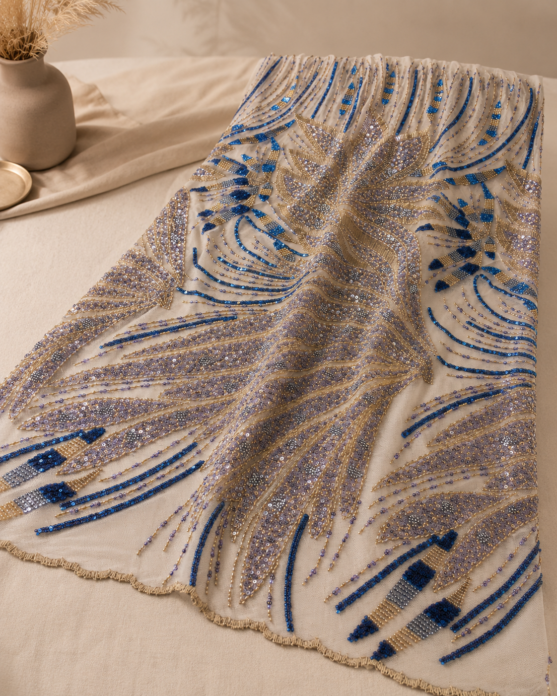 Luxury Embellished Lace Fabric – Blue & Gold Feather Leaf Beadwork - Image 2