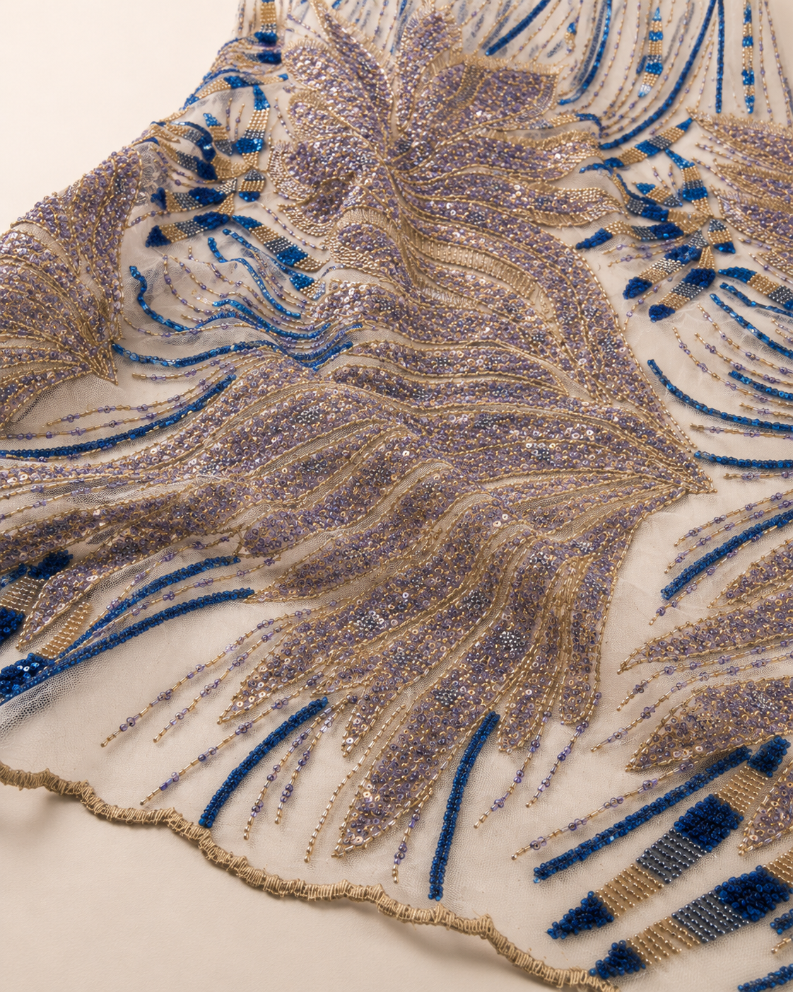 Luxury Embellished Lace Fabric – Blue & Gold Feather Leaf Beadwork - Image 3
