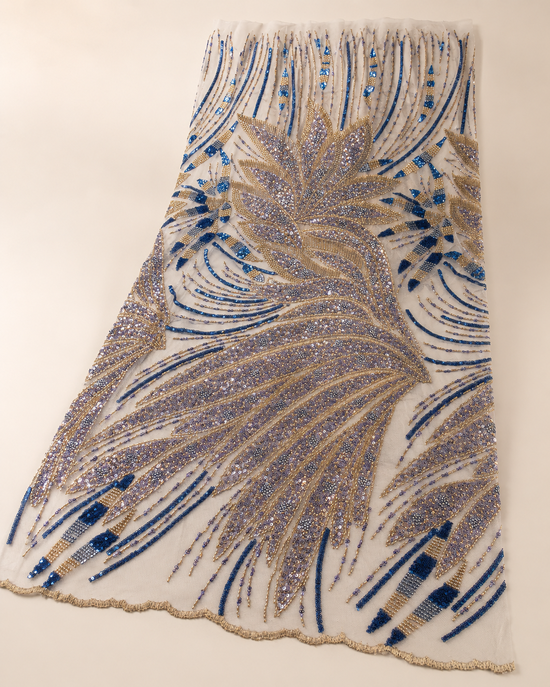 Luxury Embellished Lace Fabric – Blue & Gold Feather Leaf Beadwork - Image 4