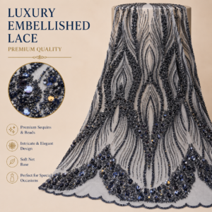 Luxury Embellished Lace Fabric – Charcoal Navy Flame Wave Beadwork