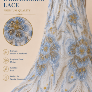 Luxury Embellished Net Fabric – Powder Blue Floral Sequin & Beadwork