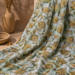 Printed Embellished Fabric – Teal Marble Print Gold Sunburst Beadwork