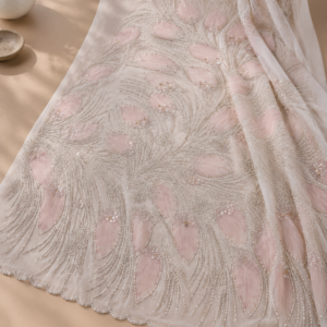 Bridal Net Fabric – Blush Pink Feather Swirl Bead & Sequin Embroidered