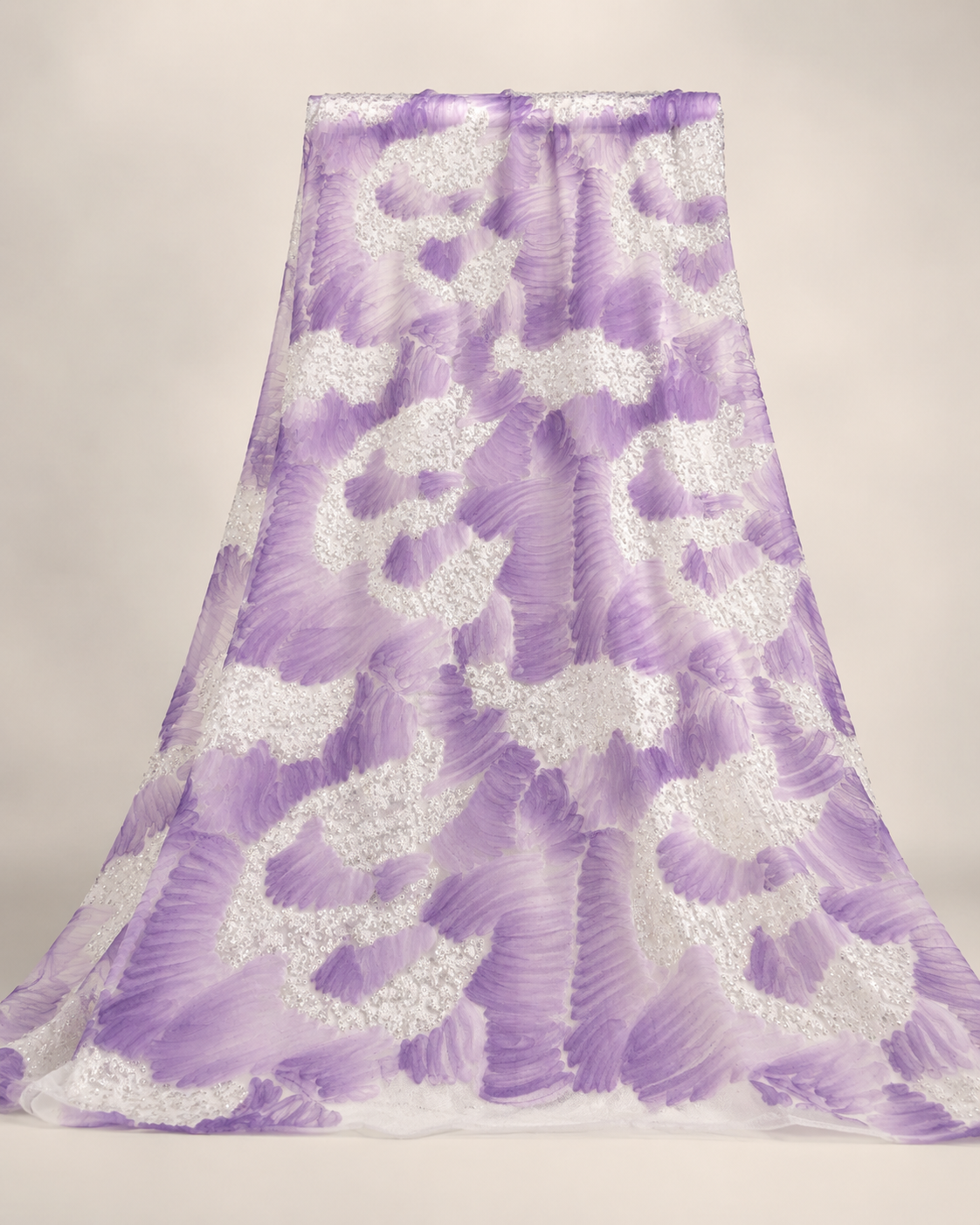 3D Ruffle Floral Net Fabric – Lavender & White Sequin Embellished