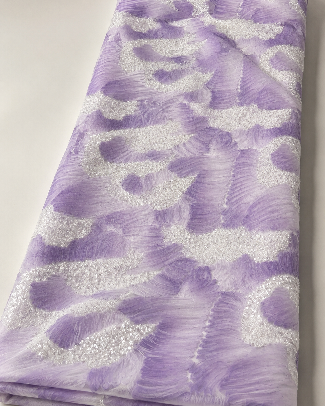 3D Ruffle Floral Net Fabric – Lavender & White Sequin Embellished - Image 2