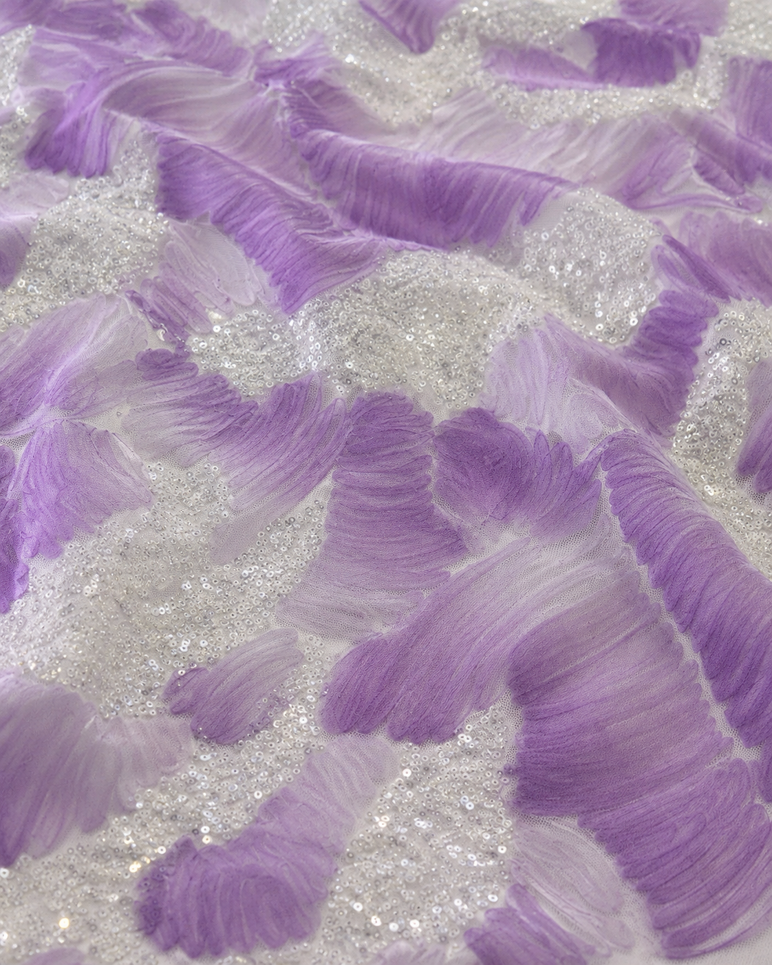 3D Ruffle Floral Net Fabric – Lavender & White Sequin Embellished - Image 3