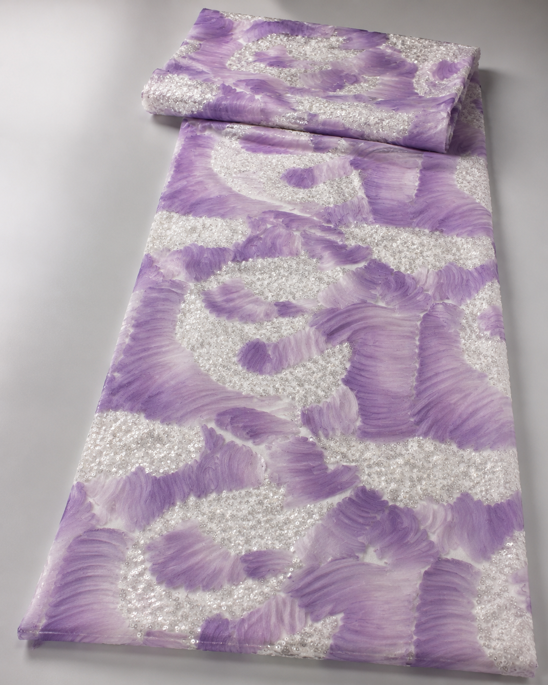 3D Ruffle Floral Net Fabric – Lavender & White Sequin Embellished - Image 4