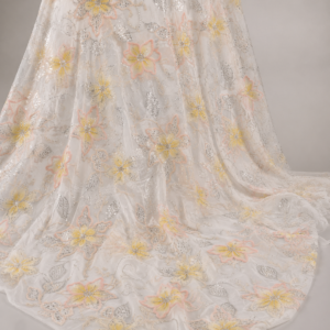 Floral Embroidered Net Fabric – Yellow & Pink 3D Flower with Silver Sequin Leaves