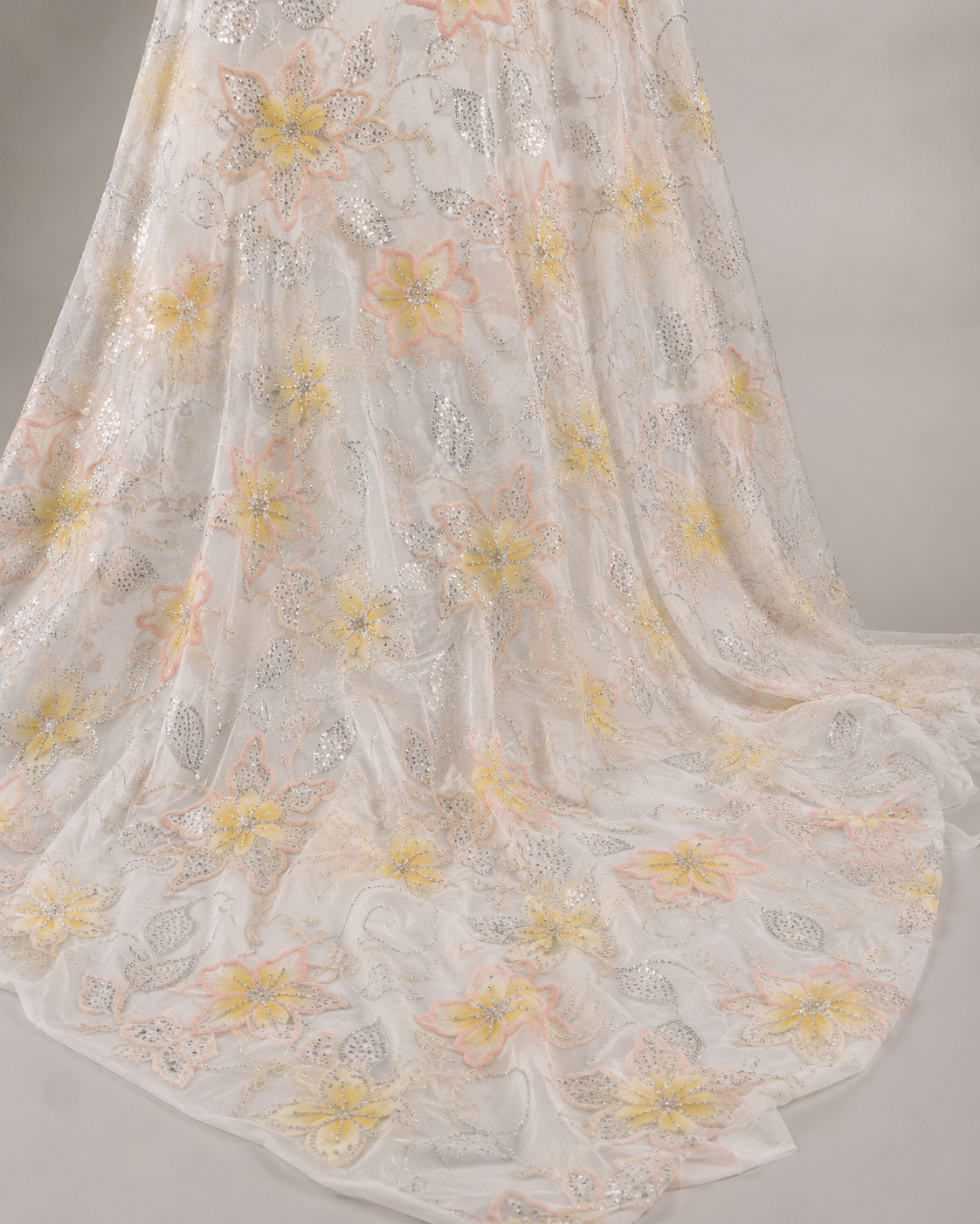 Floral Embroidered Net Fabric – Yellow & Pink 3D Flower with Silver Sequin Leaves