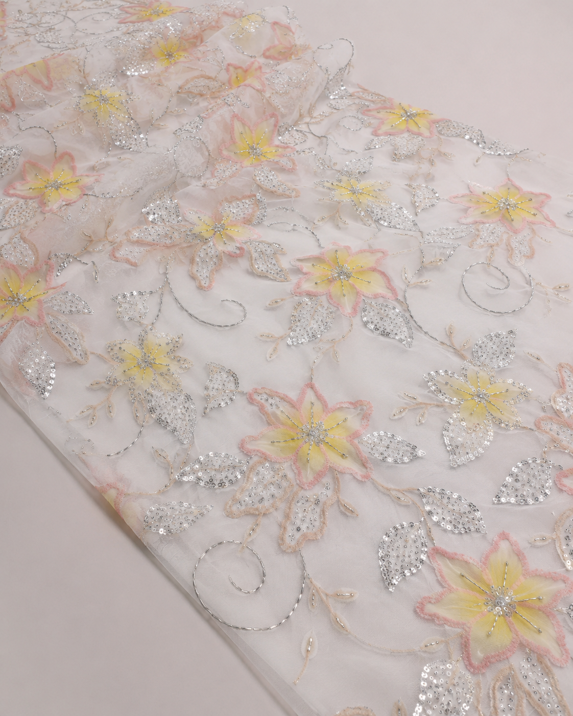 Floral Embroidered Net Fabric – Yellow & Pink 3D Flower with Silver Sequin Leaves - Image 2