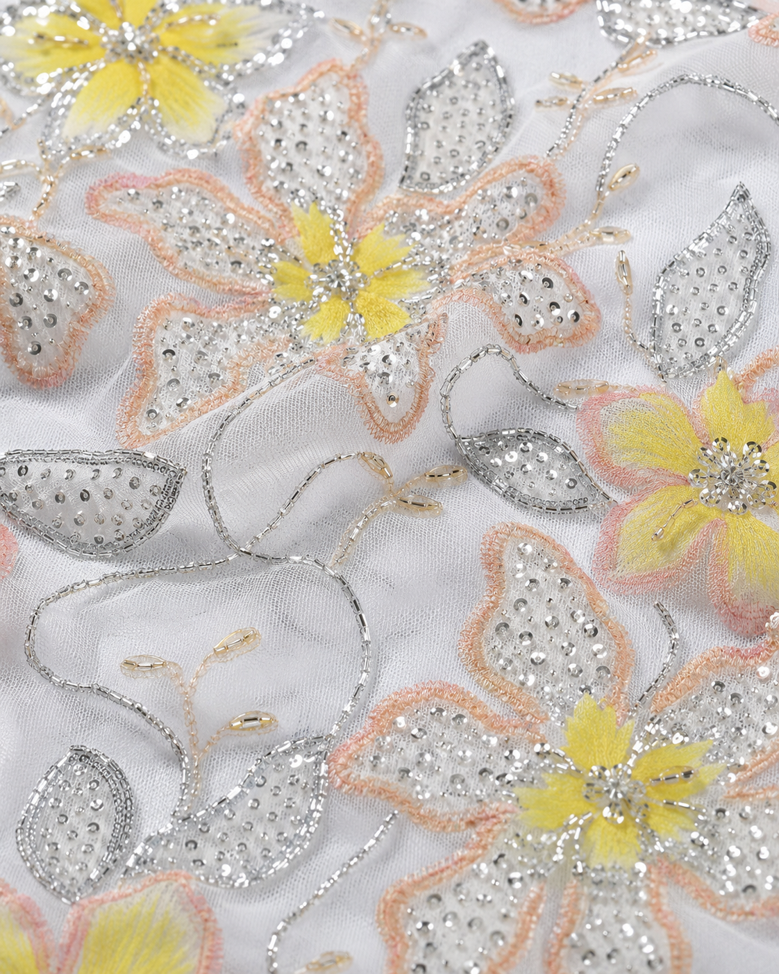 Floral Embroidered Net Fabric – Yellow & Pink 3D Flower with Silver Sequin Leaves - Image 3