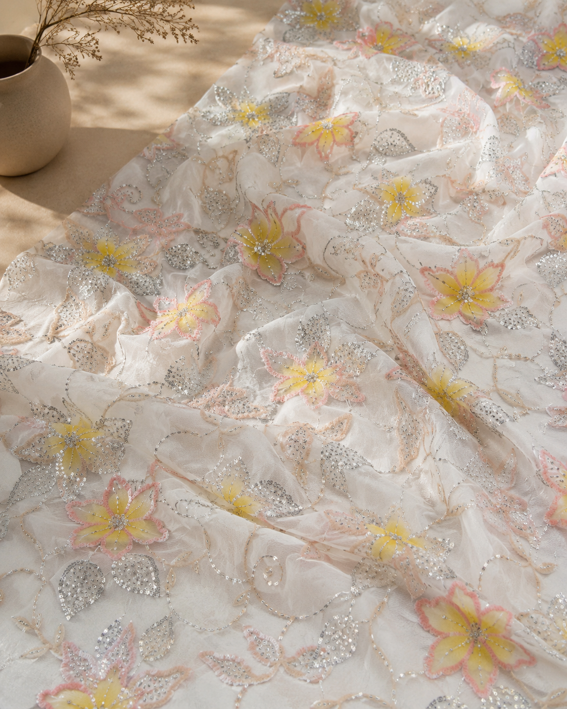 Floral Embroidered Net Fabric – Yellow & Pink 3D Flower with Silver Sequin Leaves - Image 4