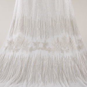 Bridal Net Fabric – White Pearl & Sequin Fringe Stripe with Floral Border