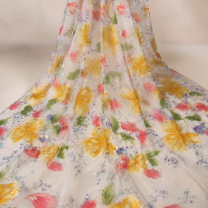 Floral Print Net Fabric – Multicolour Botanical with Iridescent Sequins
