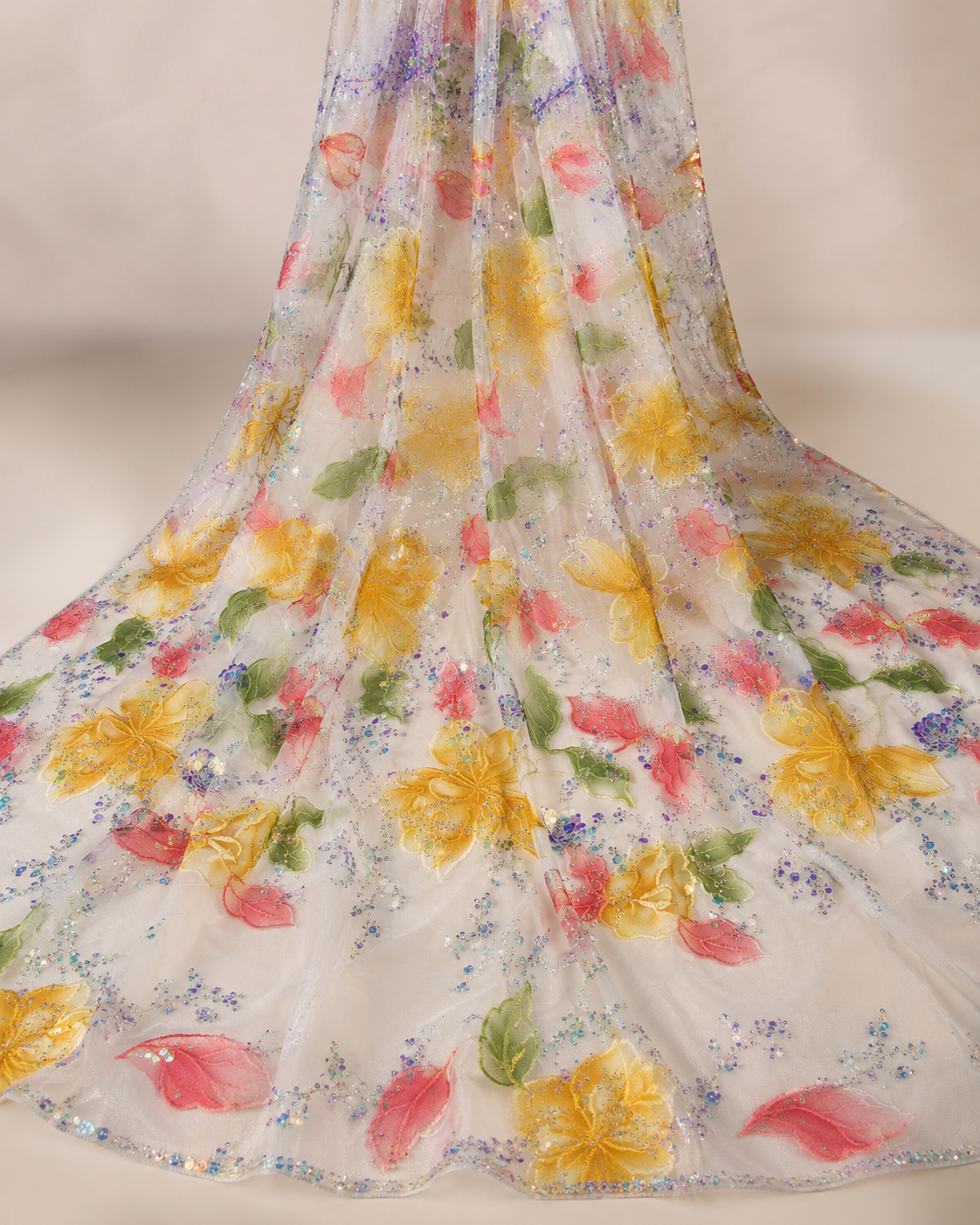Floral Print Net Fabric – Multicolour Botanical with Iridescent Sequins