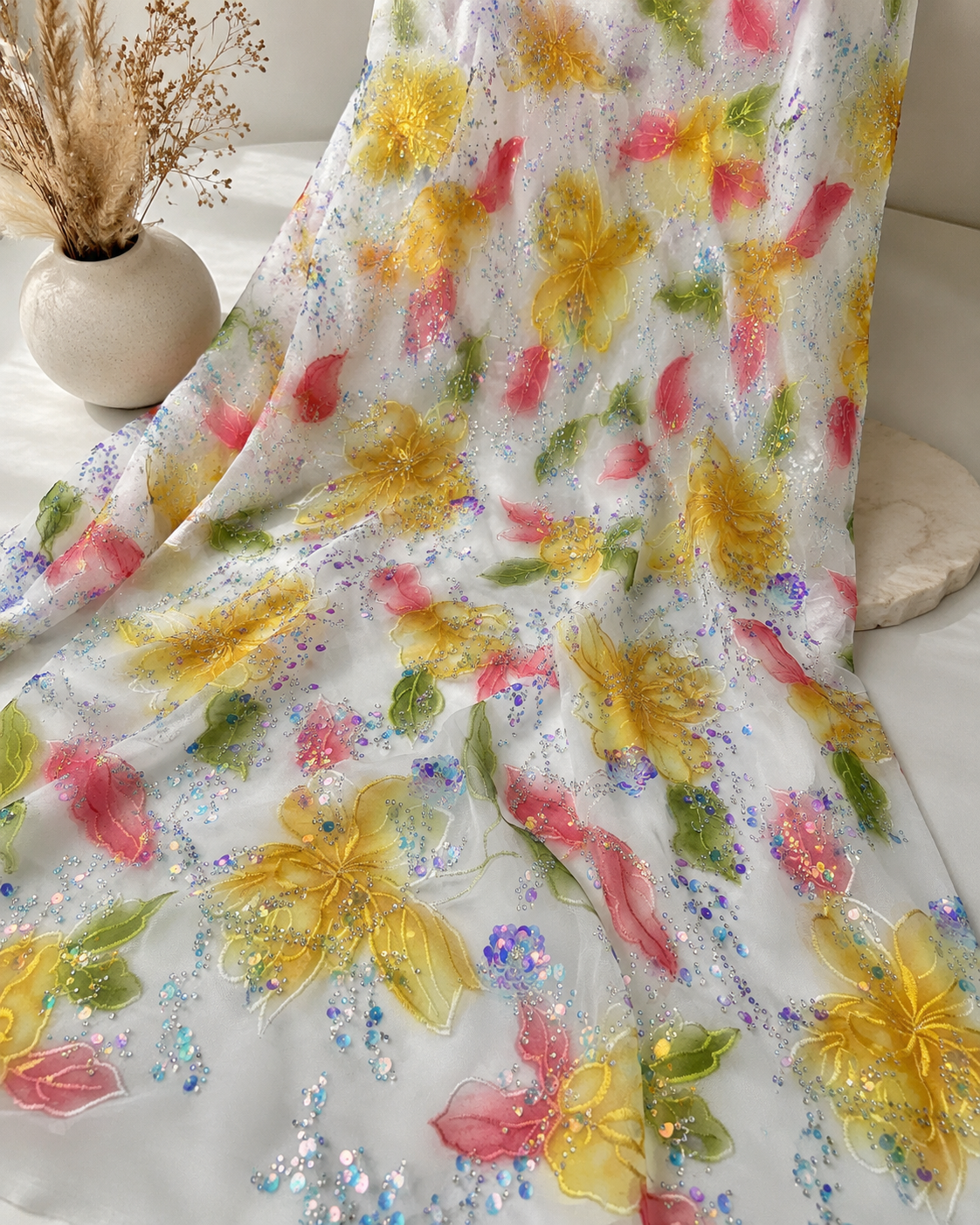 Floral Print Net Fabric – Multicolour Botanical with Iridescent Sequins - Image 2