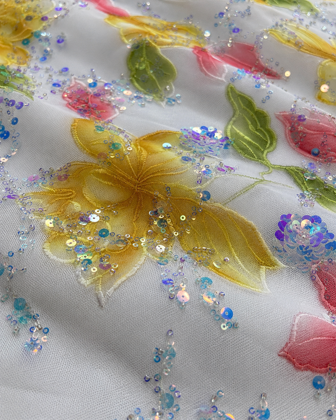 Floral Print Net Fabric – Multicolour Botanical with Iridescent Sequins - Image 3