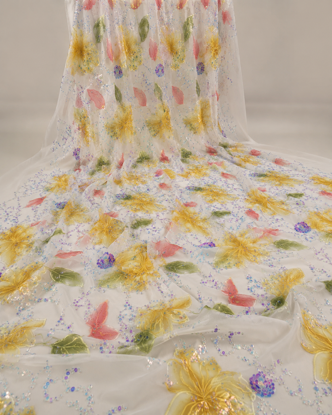 Floral Print Net Fabric – Multicolour Botanical with Iridescent Sequins - Image 4