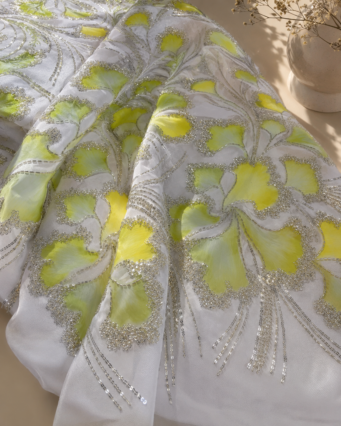 Floral Print Net Fabric – Lime Green & Silver Bead Outlined Petals - Image 2