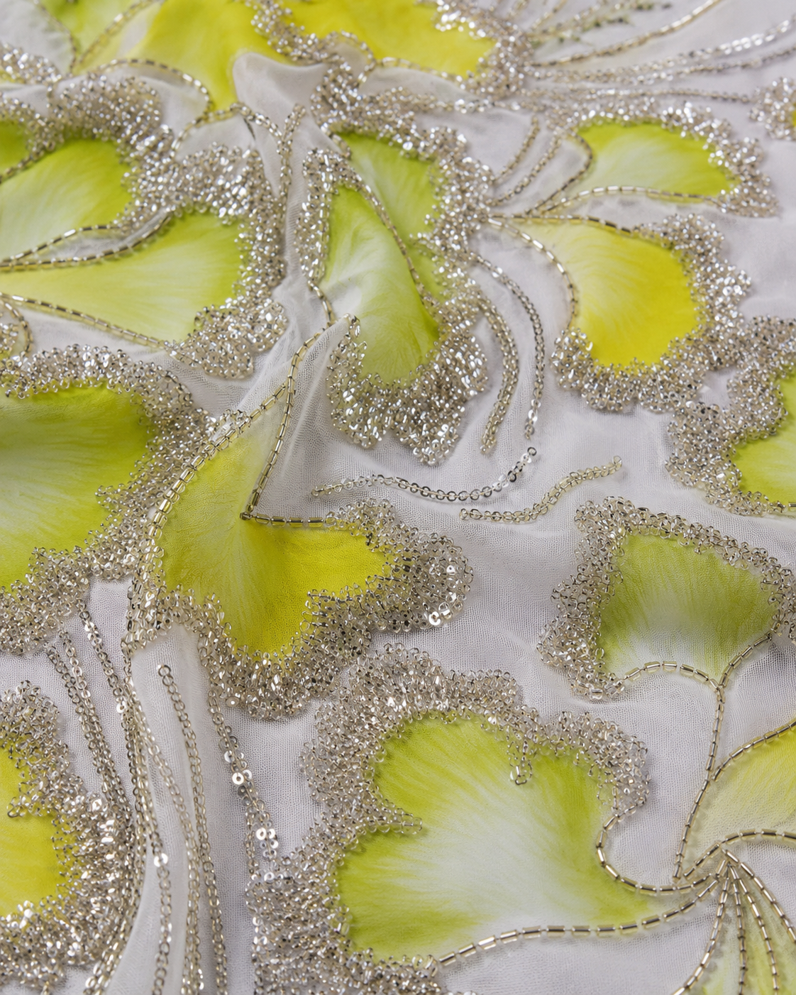 Floral Print Net Fabric – Lime Green & Silver Bead Outlined Petals - Image 3