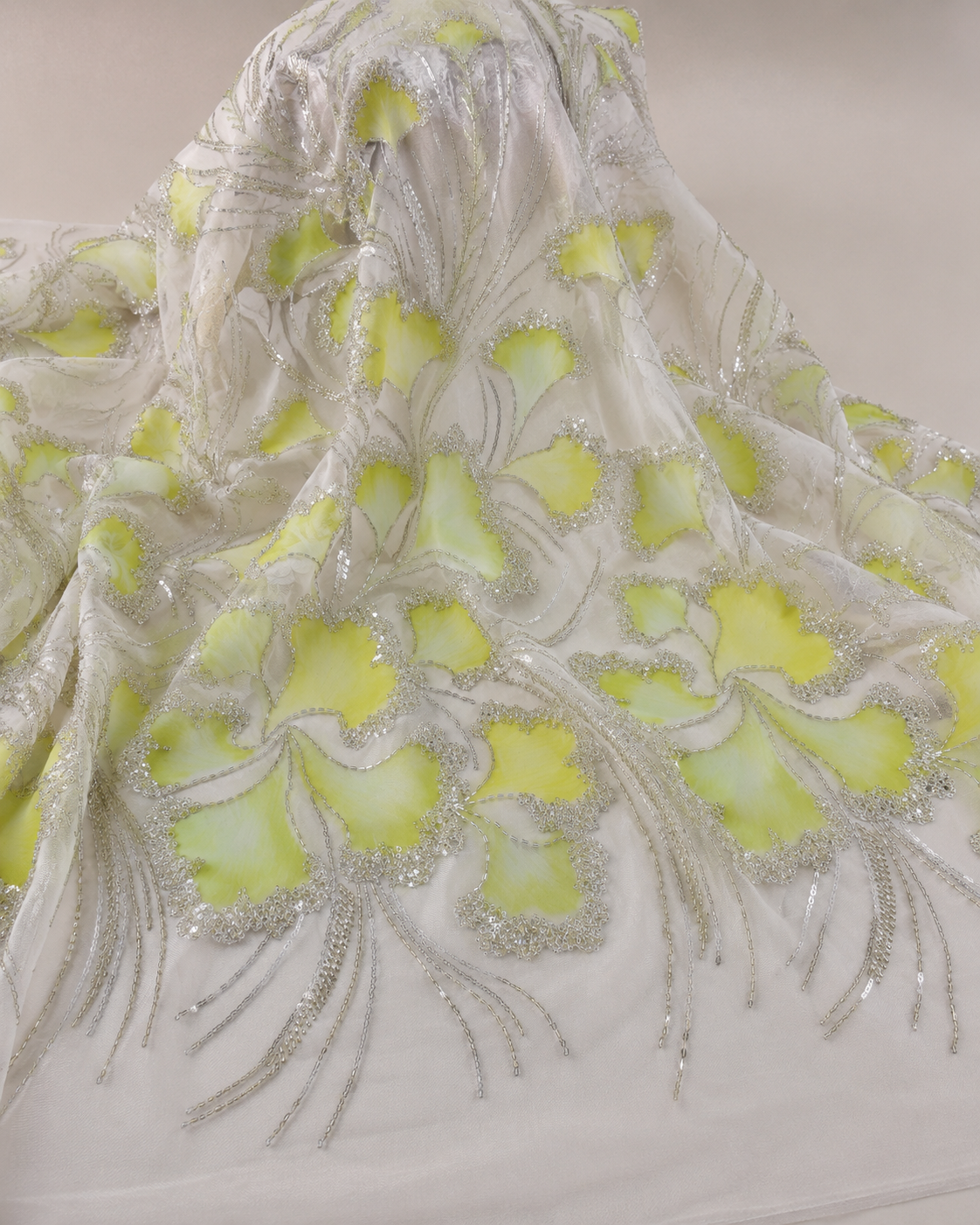 Floral Print Net Fabric – Lime Green & Silver Bead Outlined Petals - Image 4