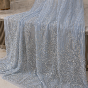 Bridal Net Fabric – Powder Blue Paisley Swirl Silver Bead & Sequin Embroidered