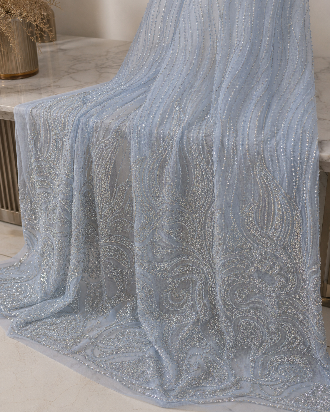 Bridal Net Fabric – Powder Blue Paisley Swirl Silver Bead & Sequin Embroidered