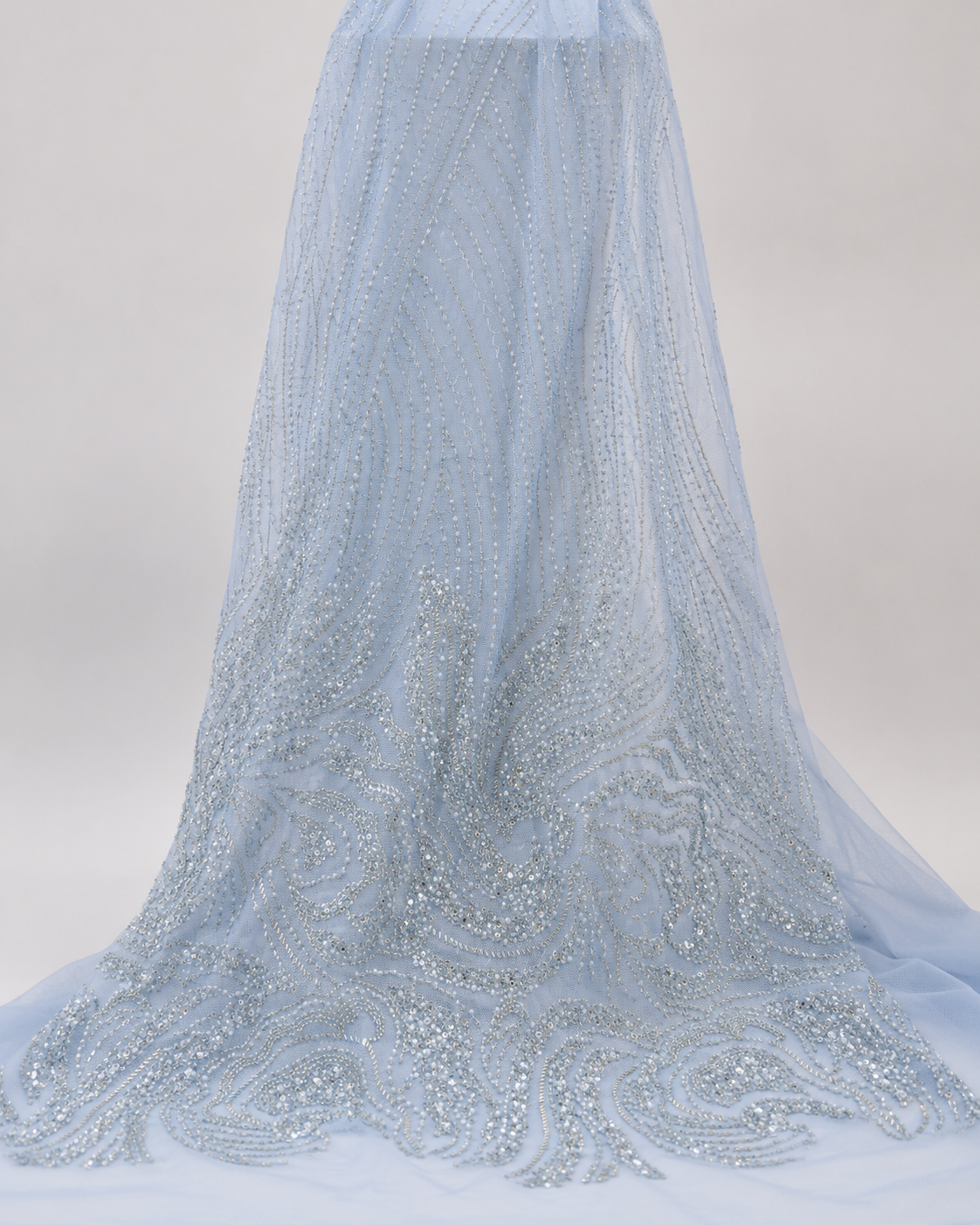 Bridal Net Fabric – Powder Blue Paisley Swirl Silver Bead & Sequin Embroidered - Image 2