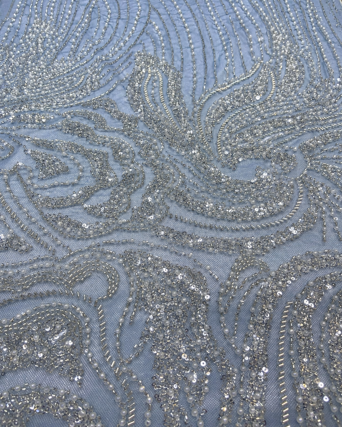 Bridal Net Fabric – Powder Blue Paisley Swirl Silver Bead & Sequin Embroidered - Image 3