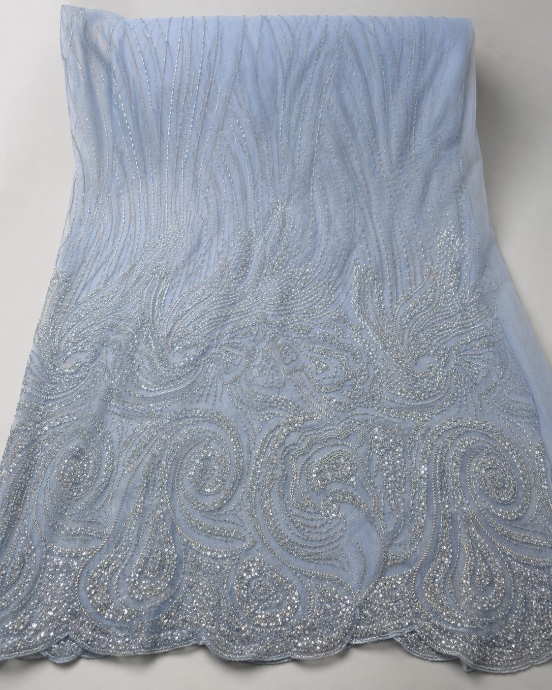 Bridal Net Fabric – Powder Blue Paisley Swirl Silver Bead & Sequin Embroidered - Image 4