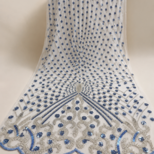 Bridal Net Fabric – White & Blue Geometric Radiant Bead & Sequin Embroidered