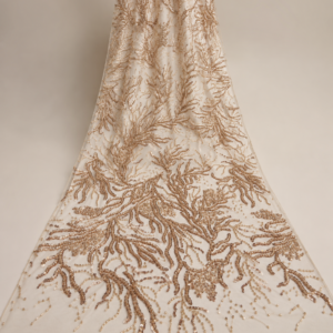 Embellished Net Fabric – Copper Gold Coral Branch Bead & Sequin Embroidered