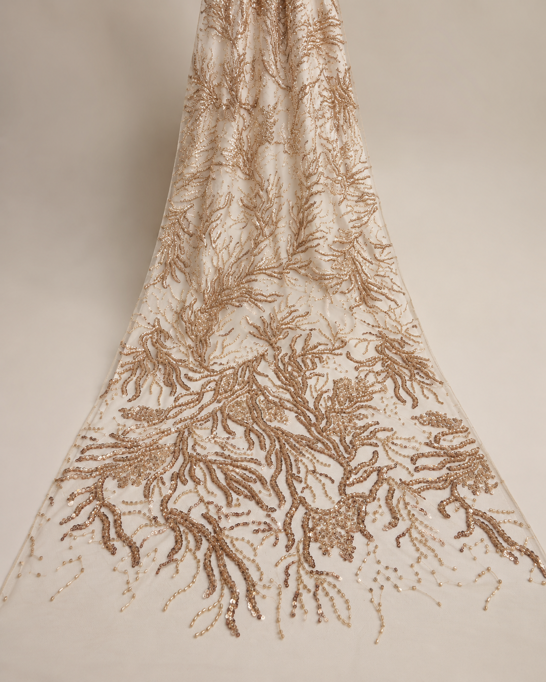 Embellished Net Fabric – Copper Gold Coral Branch Bead & Sequin Embroidered