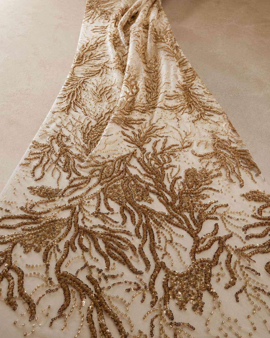 Embellished Net Fabric – Copper Gold Coral Branch Bead & Sequin Embroidered - Image 2