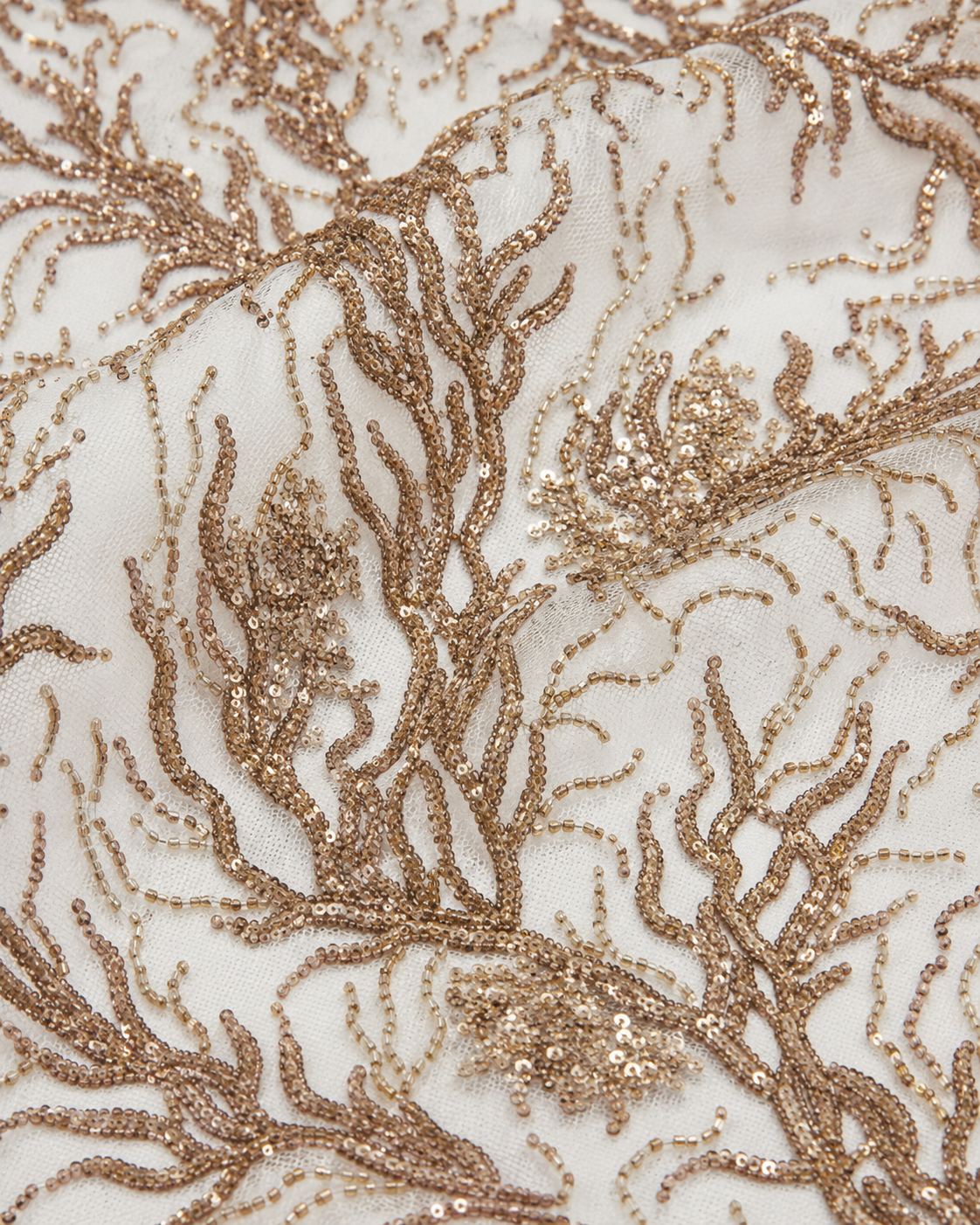 Embellished Net Fabric – Copper Gold Coral Branch Bead & Sequin Embroidered - Image 3