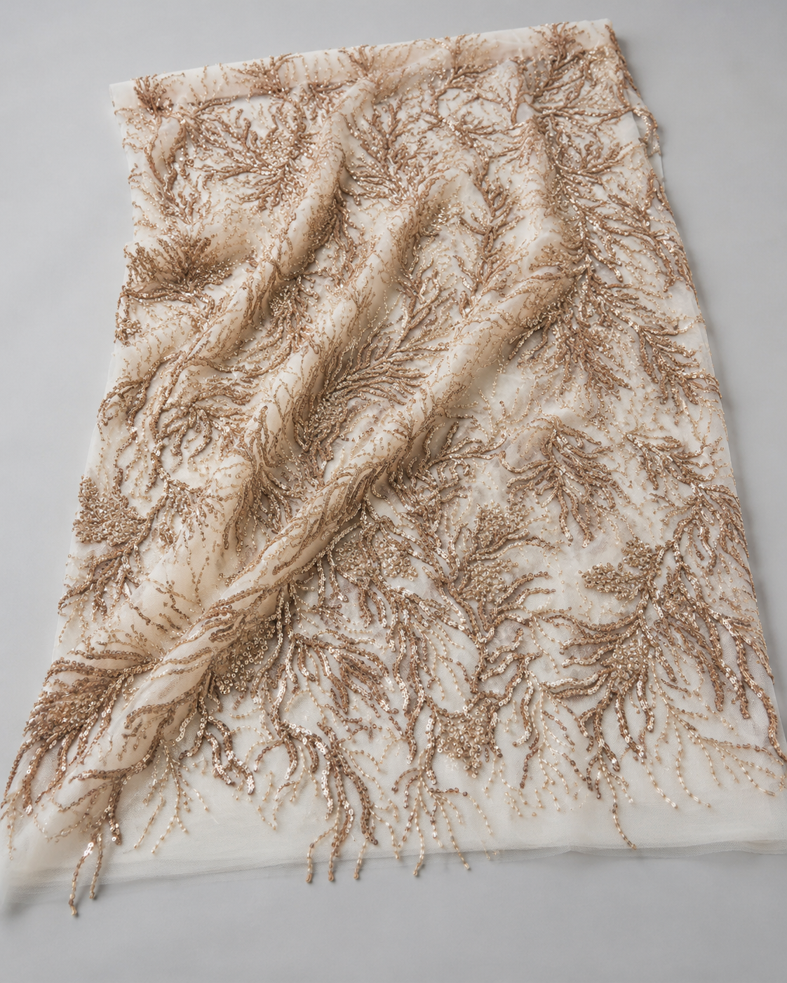 Embellished Net Fabric – Copper Gold Coral Branch Bead & Sequin Embroidered - Image 4